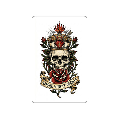 AVO-2 Claddagh Crown - Skull & Rose Die-Cut Sticker — 'Amore Vincit Omnia' Gothic Vintage Tattoo Design
