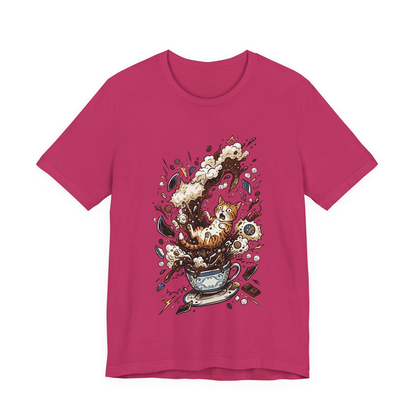 VOID - Cat Coffee Splash T‑Shirt — Cute Kitten Popping Out of Exploding Coffee Cup Tee