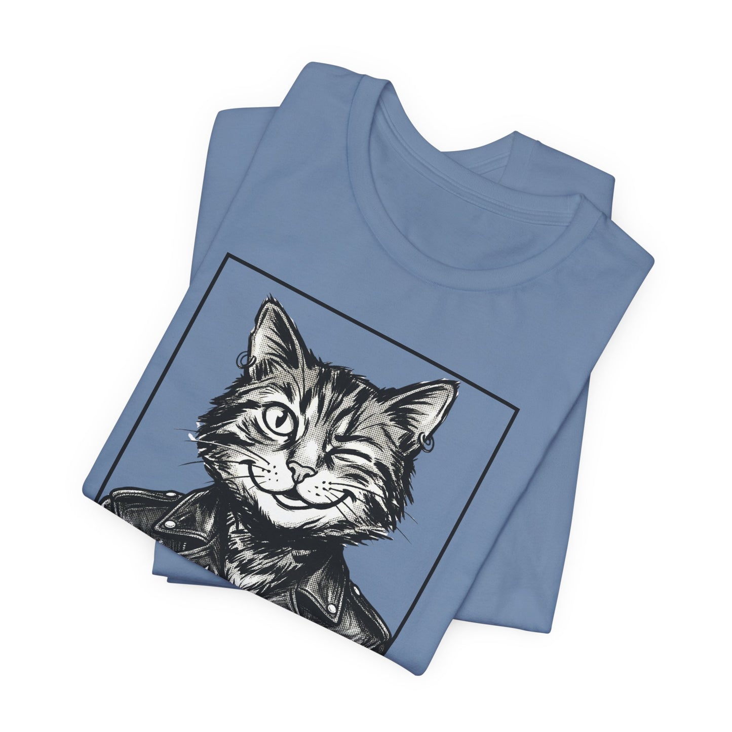WinkyCat - Leather Jacket & Snarky Gesture - Cat Biker Tee — Grinning Cat in Leather Jacket Graphic T-Shirt