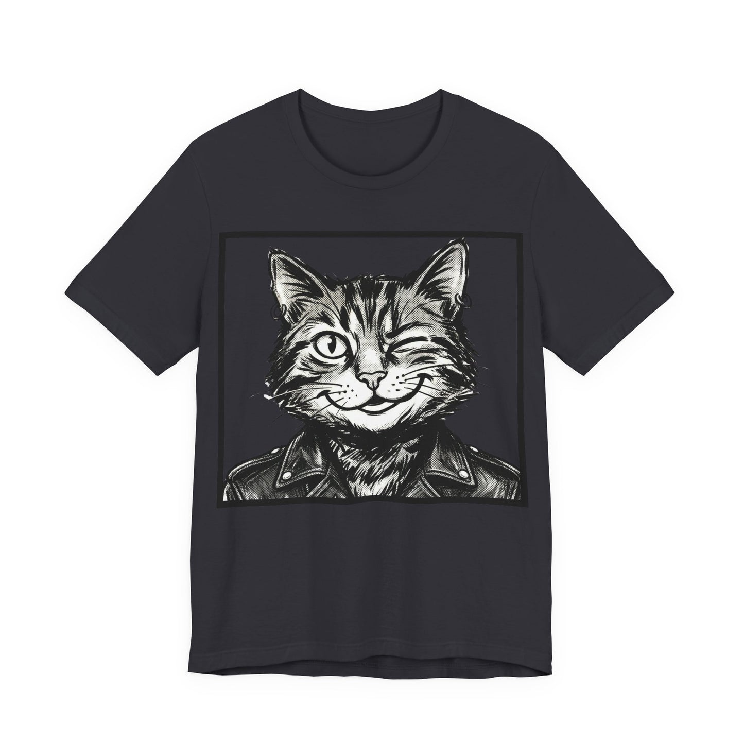 WinkyCat - Leather Jacket (NO Gesture) - Winking Cat Portrait Tee – Retro Rocker Biker Cat Graphic T-Shirt
