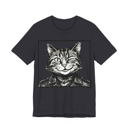 WinkyCat - Leather Jacket (NO Gesture) - Winking Cat Portrait Tee – Retro Rocker Biker Cat Graphic T-Shirt