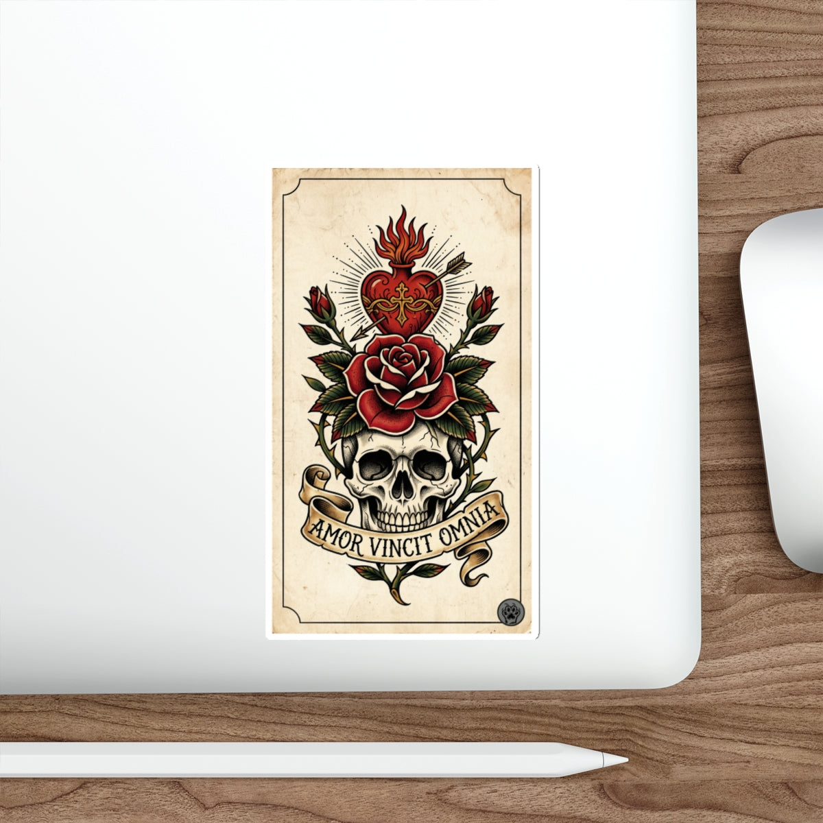 AVO-1 Sticker — Vintage 'Amor Vincit Omnia' Skull & Rose Die-Cut Tattoo Sticker