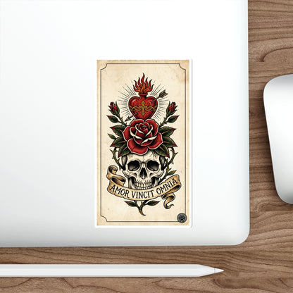 AVO-1 Sticker — Vintage 'Amor Vincit Omnia' Skull & Rose Die-Cut Tattoo Sticker