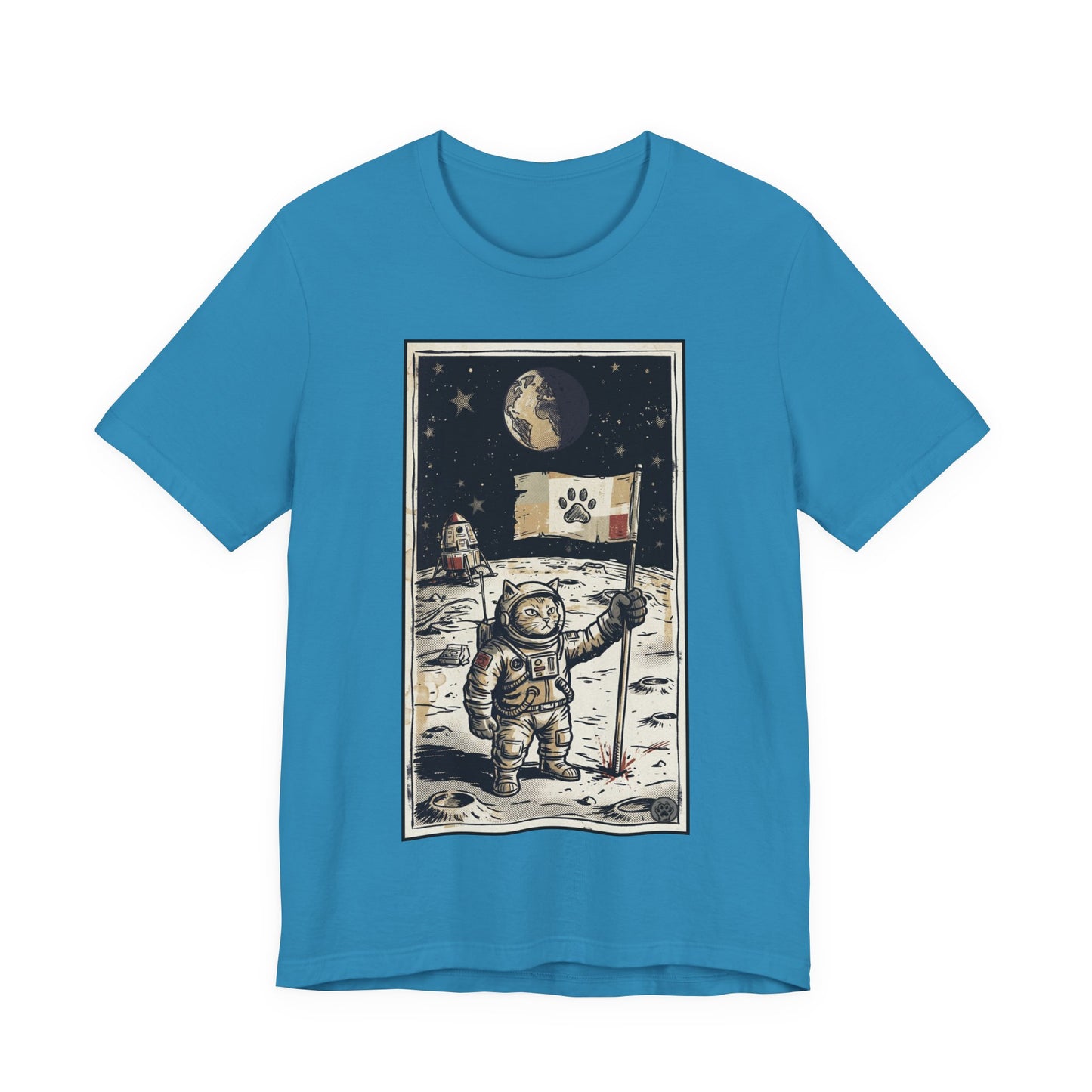 SpaceCat - Conquers The Moon! - Astronaut Cat Moon T-Shirt — Vintage Styled Space Kitty Flag Tee