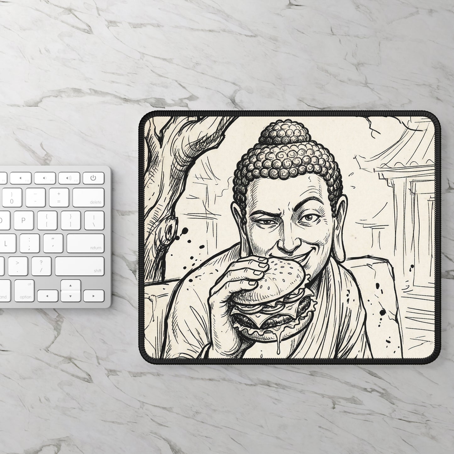BadBuddha - Cheeseburger - Buddha Eating Burger Gaming Mouse Pad – Quirky Zen Desk Mat