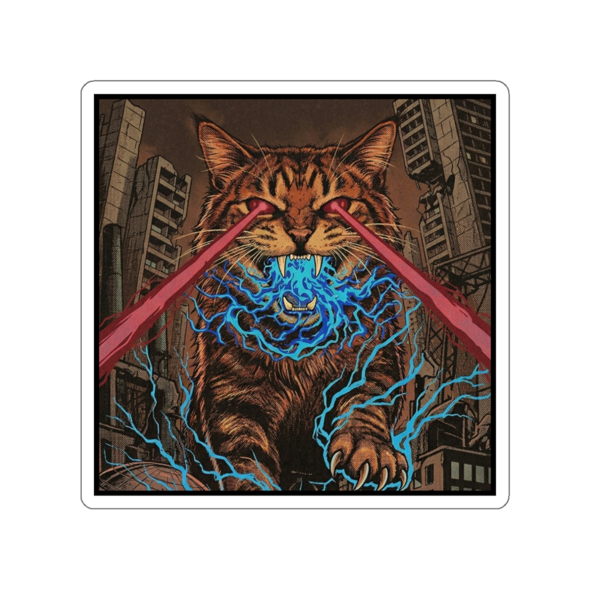 CityCat Attacks! - Dark - Red Lasers - Laser-Eyed Cat Die-Cut Sticker — Retro Kaiju City Illustration