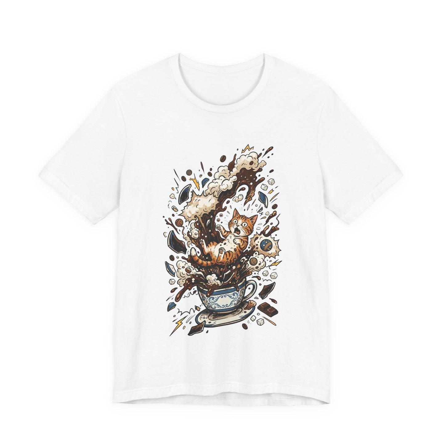 VOID - Cat Coffee Splash T‑Shirt — Cute Kitten Popping Out of Exploding Coffee Cup Tee
