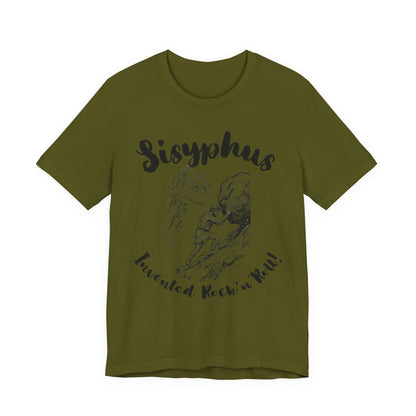 Greek Mythology Humor - Sisyphus T‑Shirt — 'Invented Rock 'n' Roll' Vintage Mythology Tee - Elvis Who?