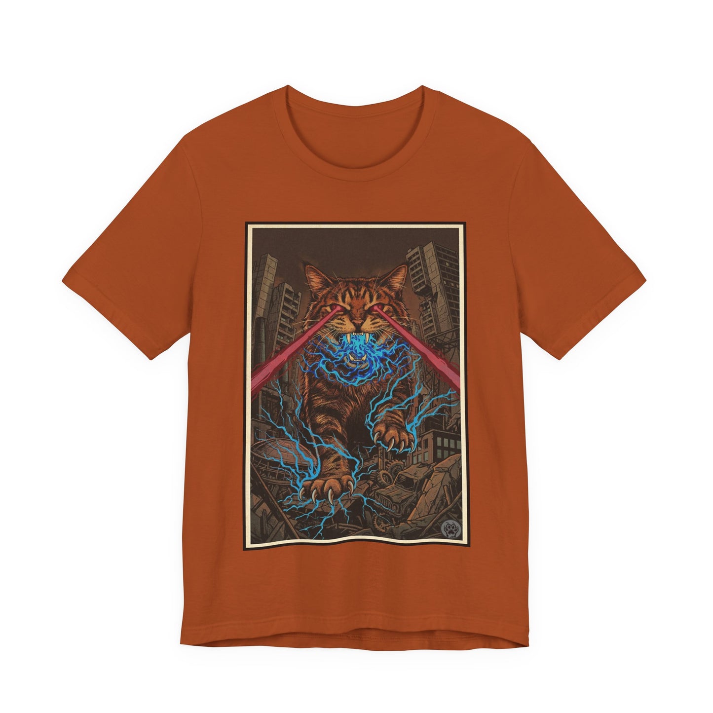 CityCat Attacks! Dark with Red Lasers - Tiger Kitty Kaiju Tee — Laser-Eyed Monster Cityscape T-Shirt