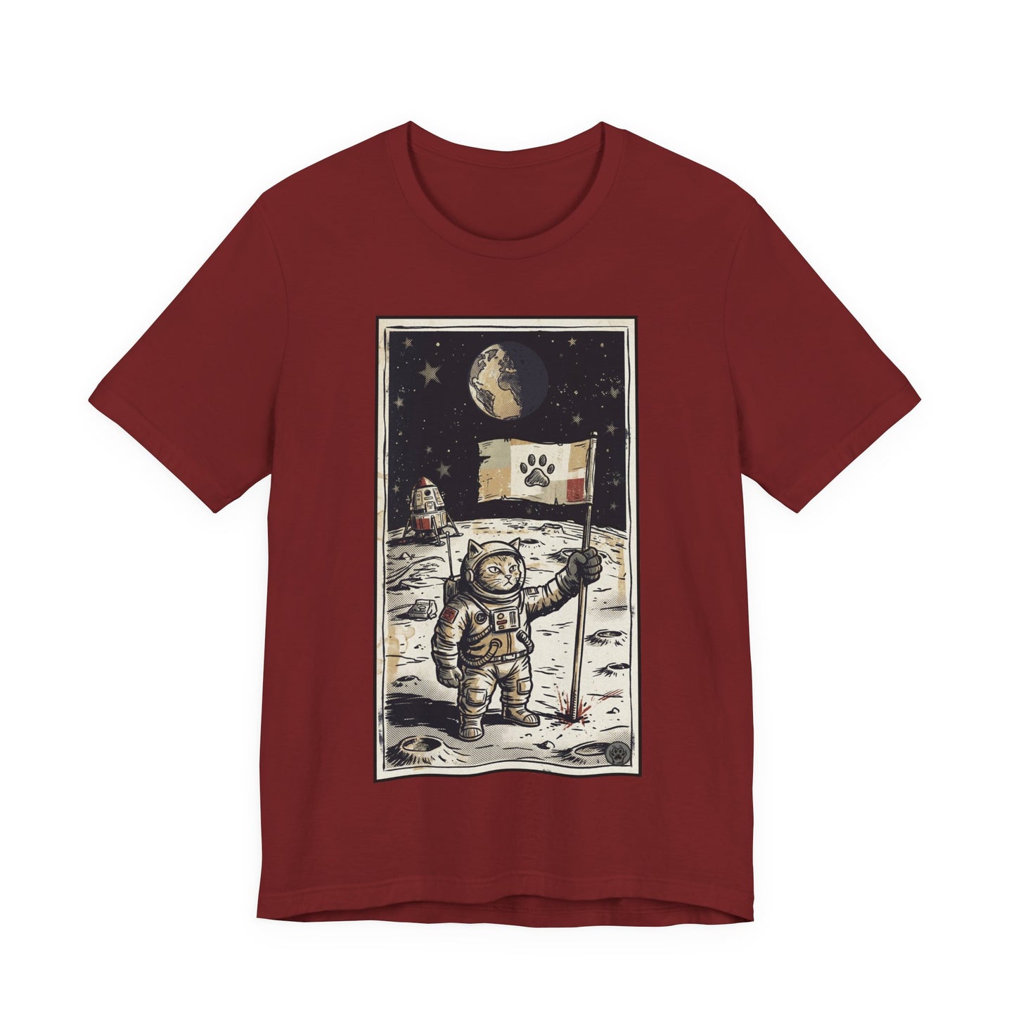 SpaceCat - Conquers The Moon! - Astronaut Cat Moon T-Shirt — Vintage Styled Space Kitty Flag Tee