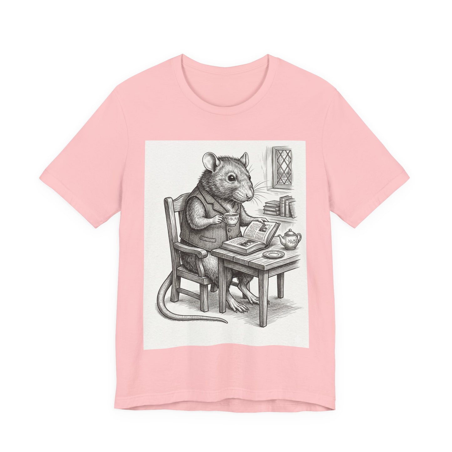 Ratney - "Cup of Tea & A Good Book" - Rodent Scholar T‑Shirt — Vintage Style Illustration of a Reading Rat with Tea
