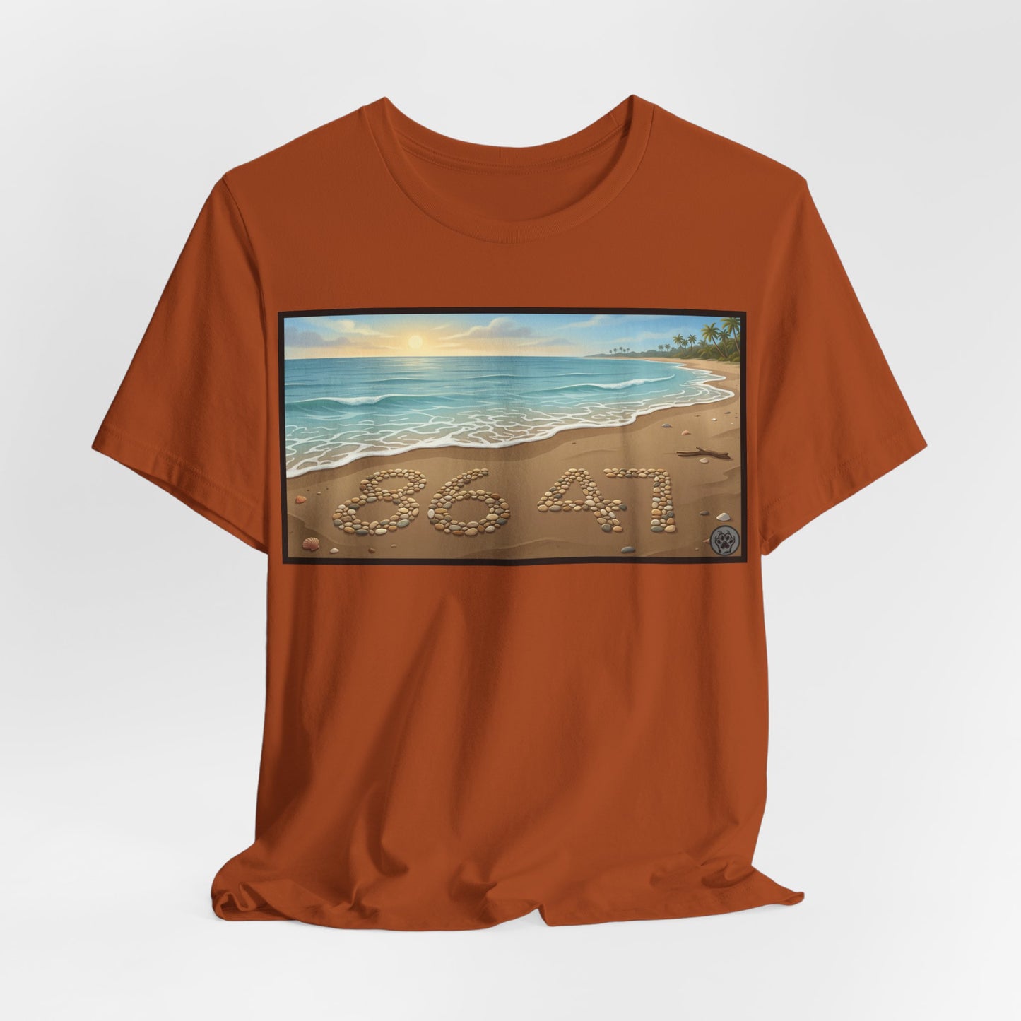 A Nice Day At The Beach - Horizontal V2 - Beach Sunset T-Shirt with '86 47' Sand Art – Coastal Vacation Tee