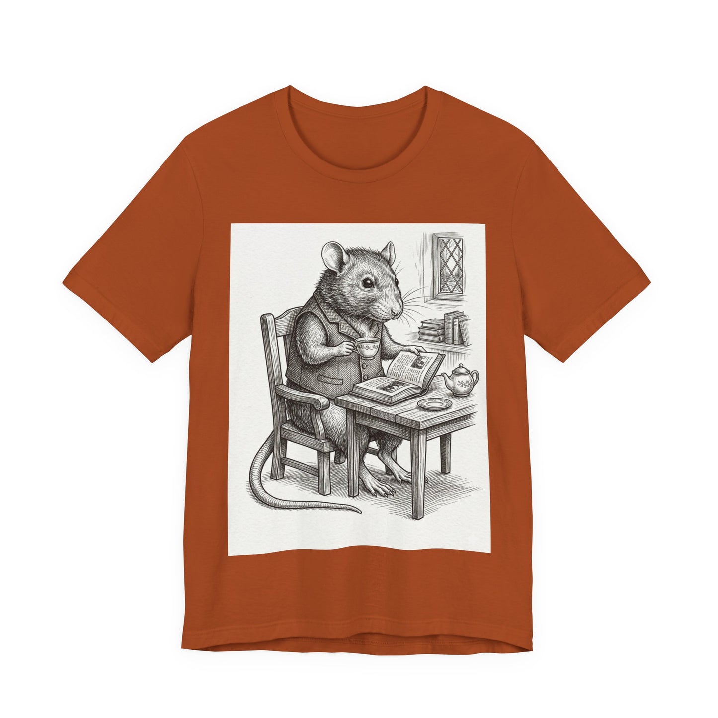 Ratney - "Cup of Tea & A Good Book" - Rodent Scholar T‑Shirt — Vintage Style Illustration of a Reading Rat with Tea