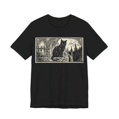 DarkArts Collection - Cat Horizontal - Vintage Gothic Black Cat T-Shirt — Moonlit Cathedral Illustration Tee