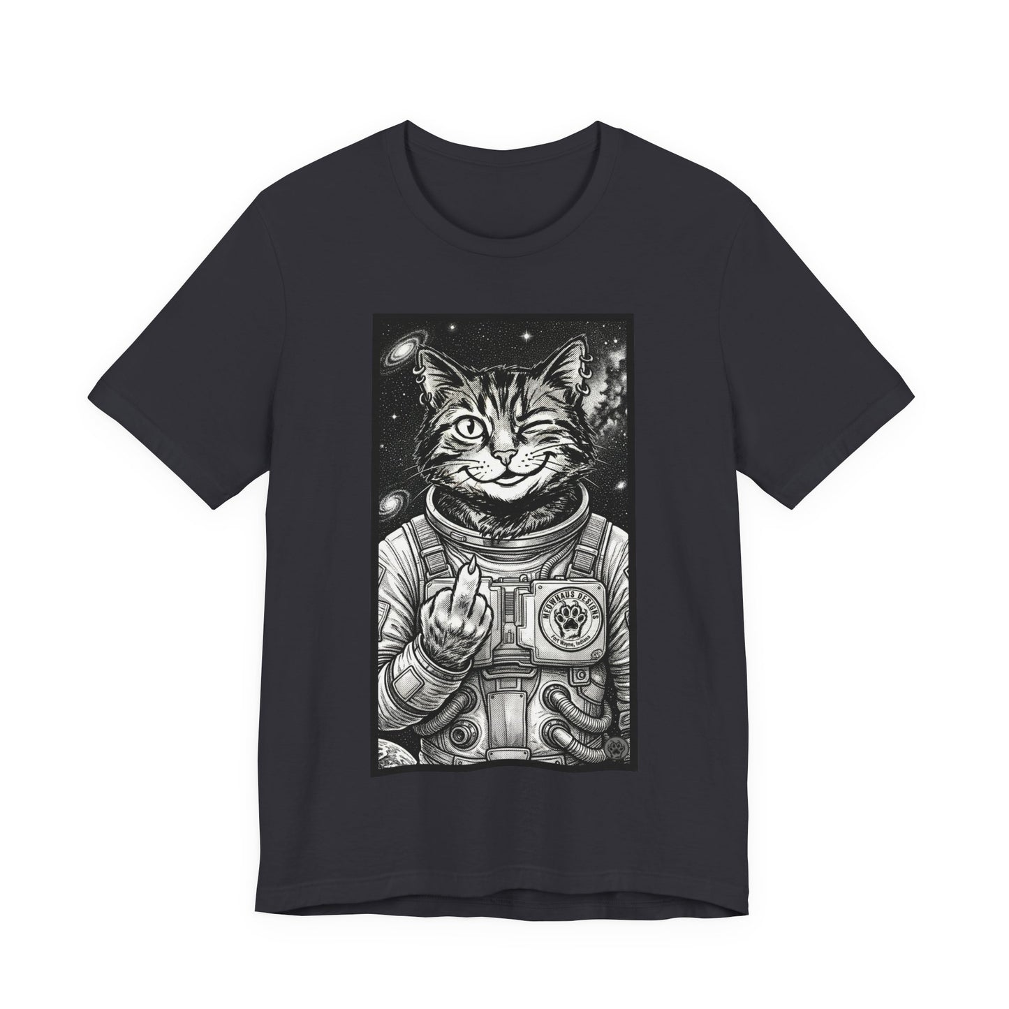 WinkyCat - The Astronaut (Giving Snarky Gesture) Cat Tee — Retro Space Cat Graphic T-Shirt