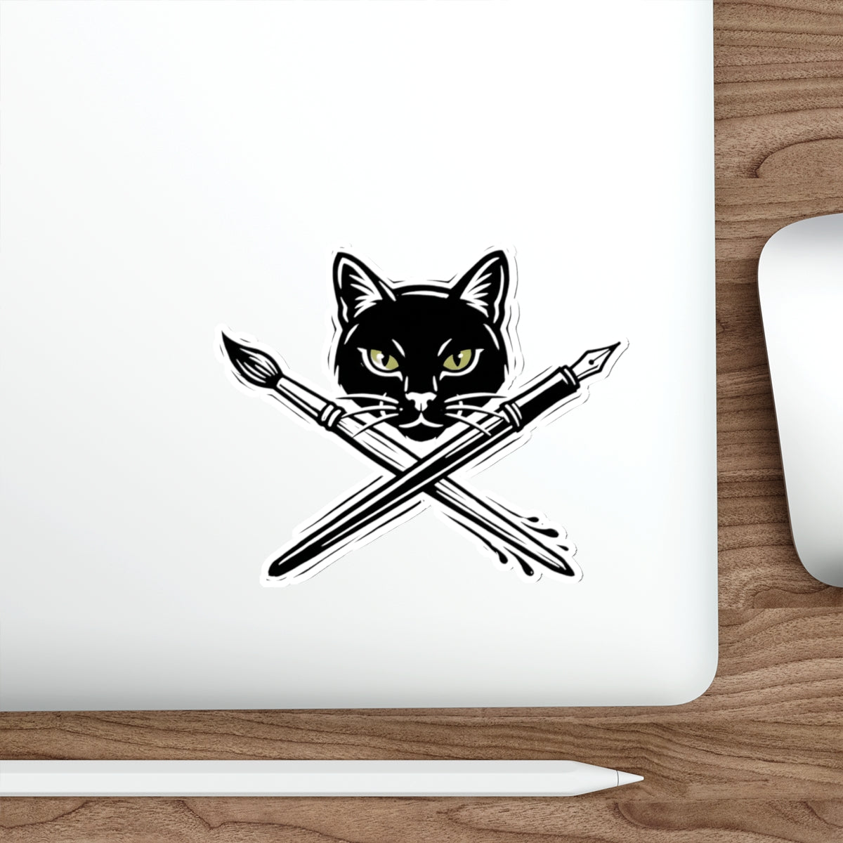 CreativeCat - Black Cat & Art Tools Die-Cut Sticker — Artistic Cat Head with Crossed Paintbrush & Pen