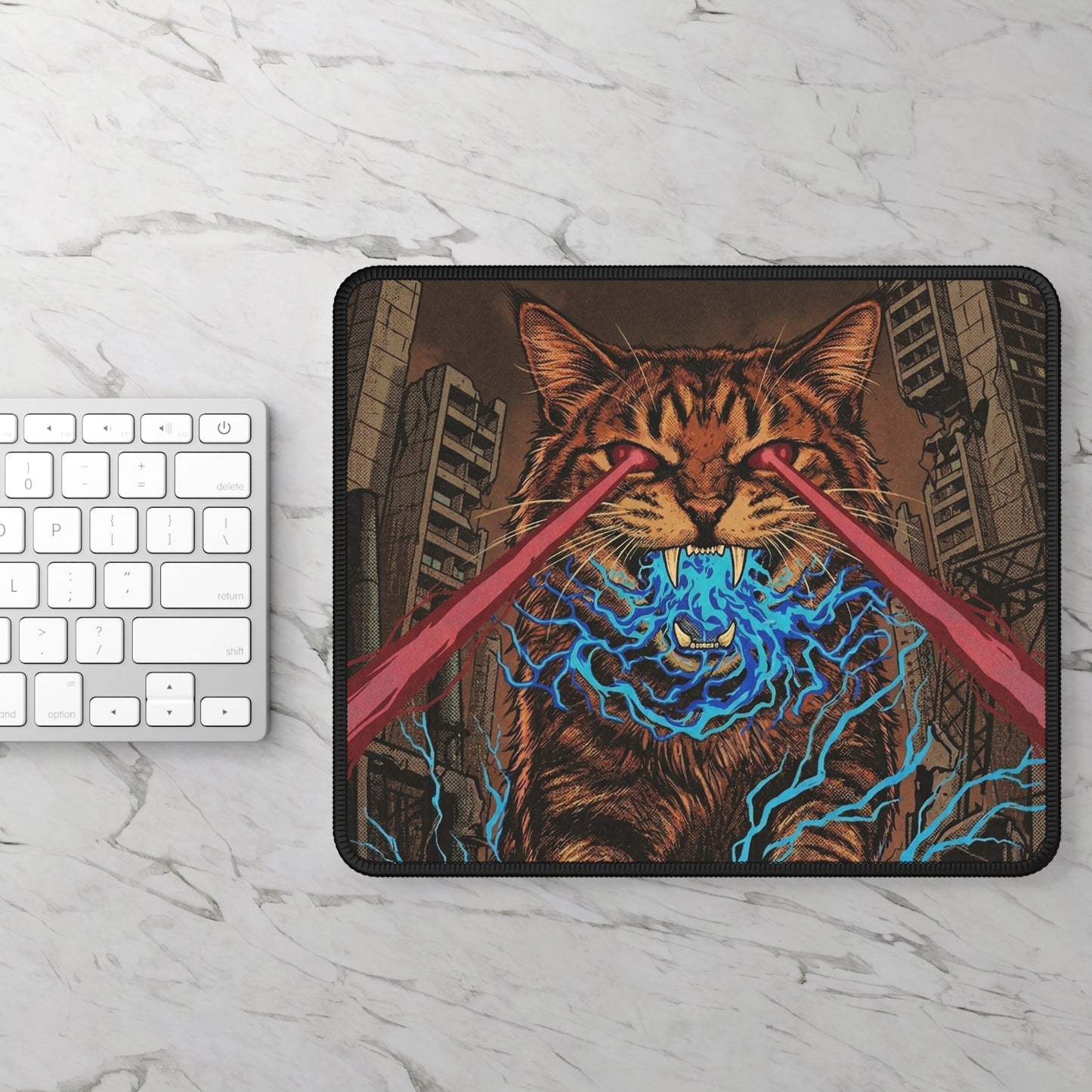 CityCat Attacks! - Red Lasers - Gaming Mouse Pad — Laser-Eyed Cat with Electric Energy