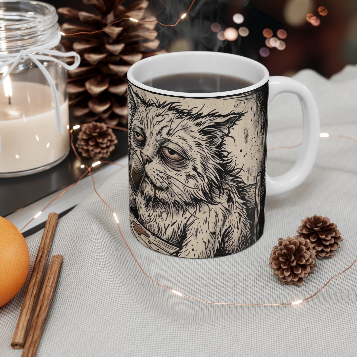 Scraps - "GFM" - 11oz Mug Right Handle - Tired Depressed Grumpy Cat Coffee Mug – Funny Cat Drinking Coffee 11oz Ceramic Mug
