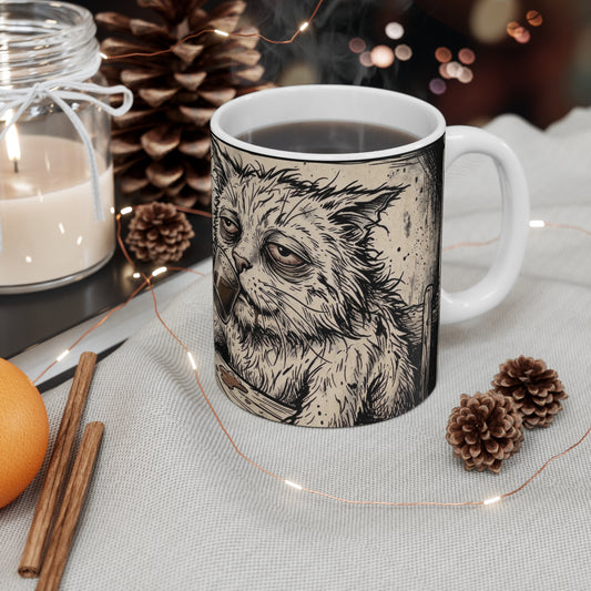 Scraps - "GFM" - 11oz Mug Right Handle - Tired Depressed Grumpy Cat Coffee Mug – Funny Cat Drinking Coffee 11oz Ceramic Mug
