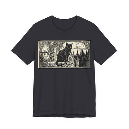 DarkArts Collection - Cat Horizontal - Vintage Gothic Black Cat T-Shirt — Moonlit Cathedral Illustration Tee