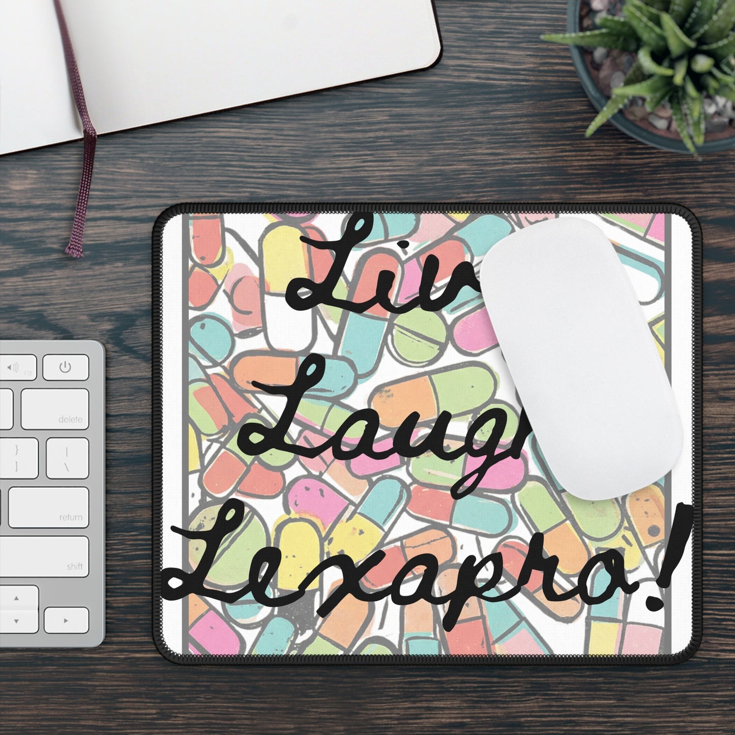 L3 - V1 - Psych Humor Gaming Mouse Pad — Live, Laugh, Lexapro! Pastel Pill Pattern Medical Assistant Humor