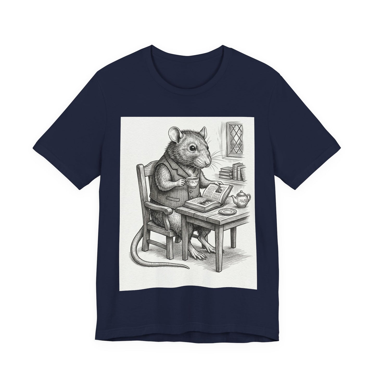 Ratney - "Cup of Tea & A Good Book" - Rodent Scholar T‑Shirt — Vintage Style Illustration of a Reading Rat with Tea