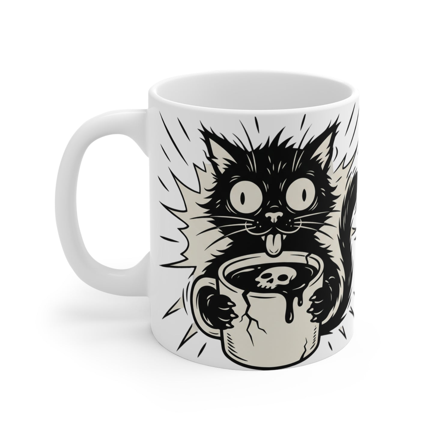 VOID - Cat Coffee Mug — Cute Spooky Black Cat Drinking Coffee 11oz
