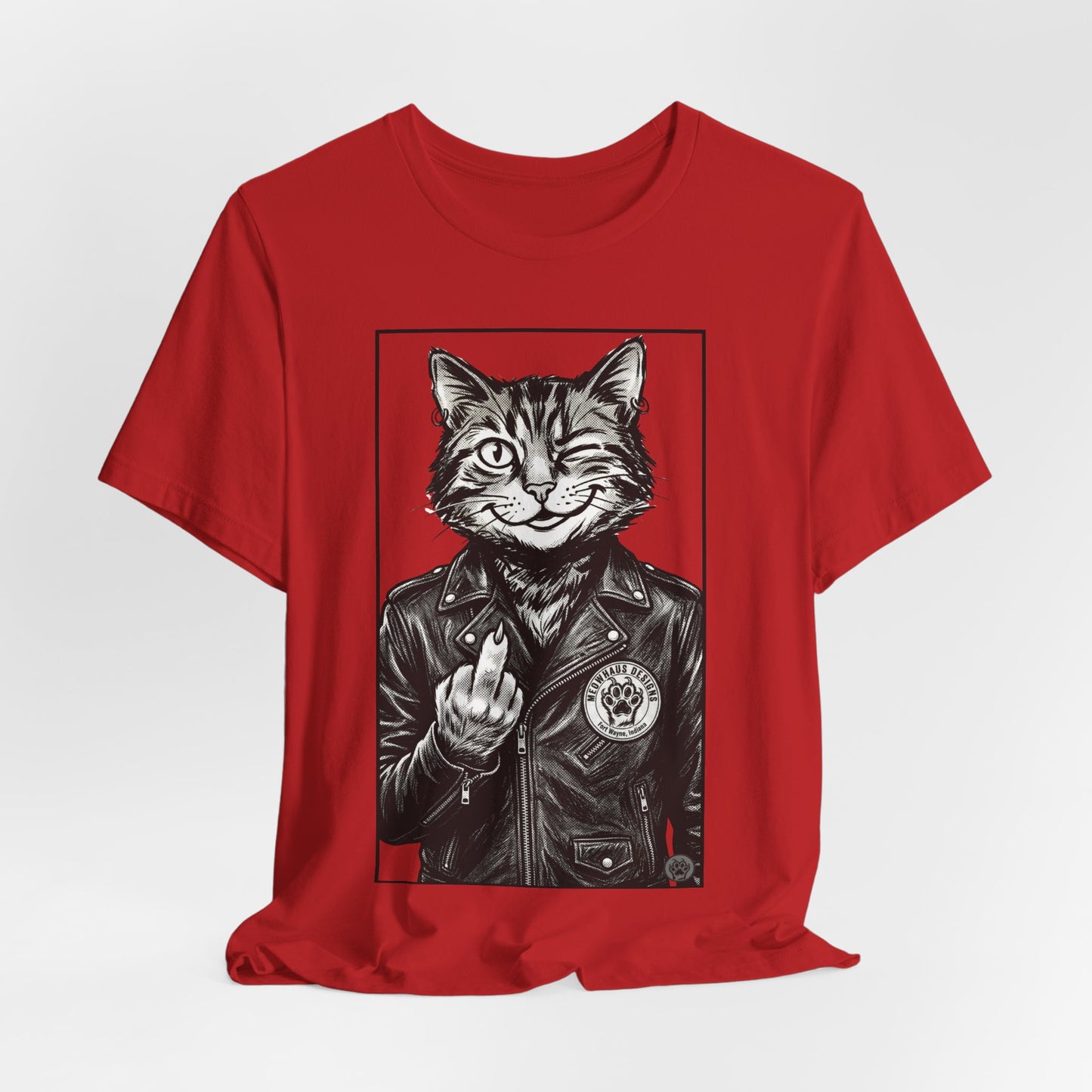 WinkyCat - Leather Jacket & Snarky Gesture - Cat Biker Tee — Grinning Cat in Leather Jacket Graphic T-Shirt