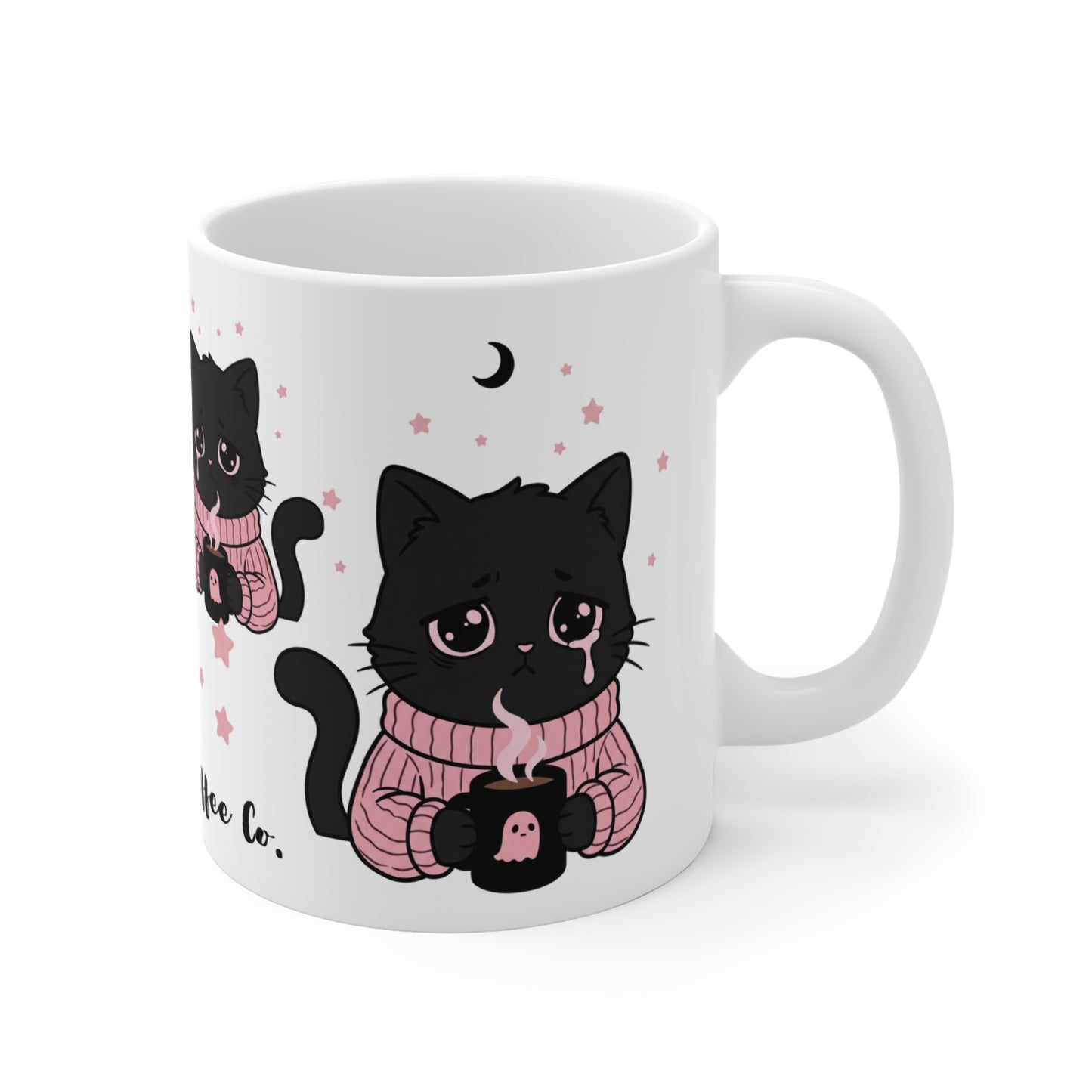 VOID - Void Cat Coffee Co. 11oz Mug — Cute Sad Black Cat in Pink Sweater, Coffee Lover Gift