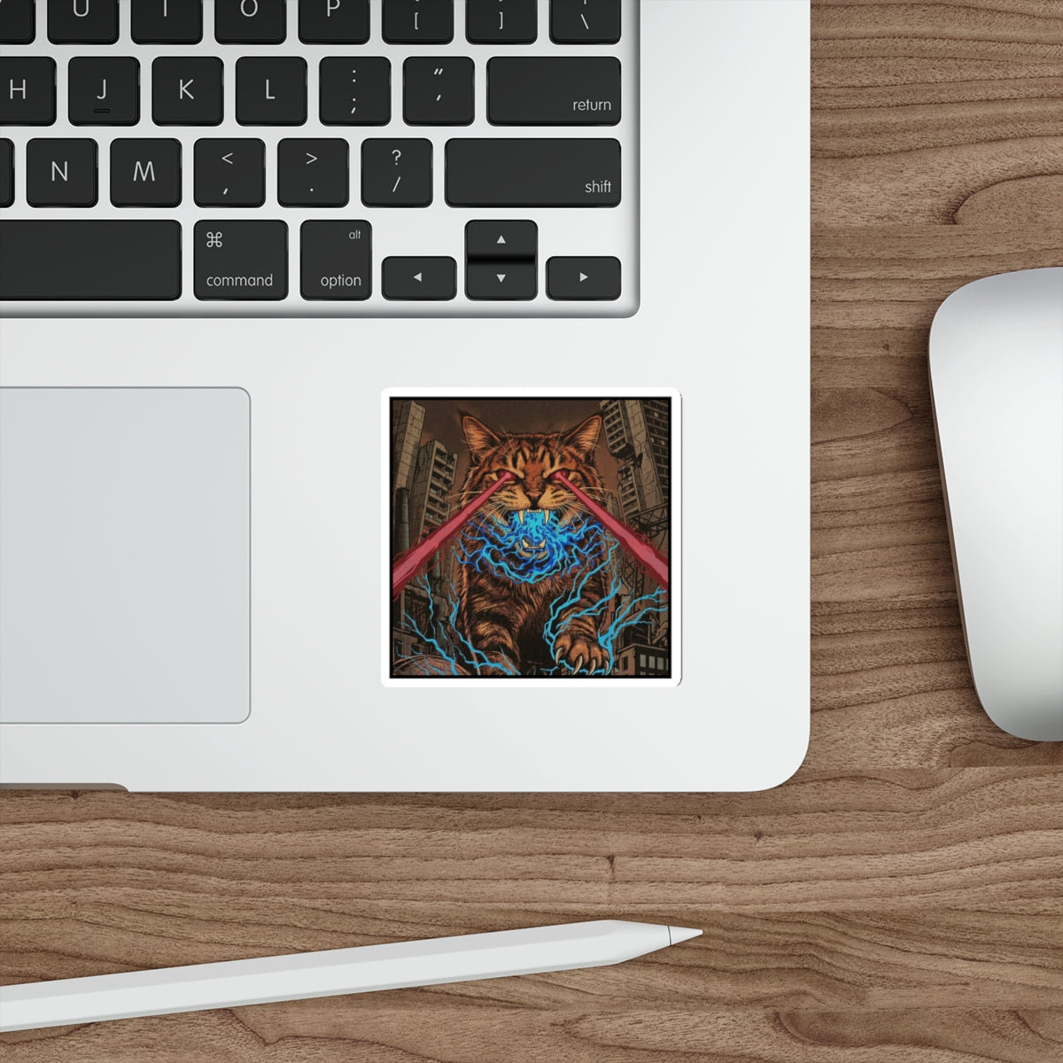 CityCat Attacks! - Dark - Red Lasers - Laser-Eyed Cat Die-Cut Sticker — Retro Kaiju City Illustration