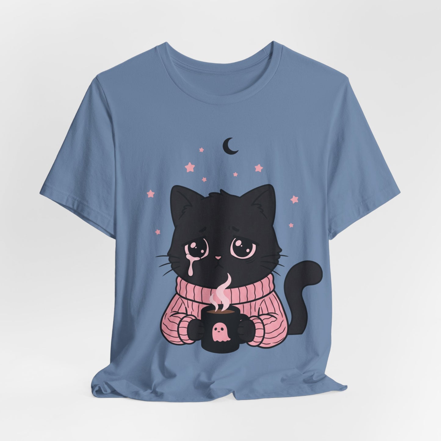 VOID - Cute Sad Black Cat Holding Hot Coffee T‑Shirt — Cozy Pink Sweater Kitty Tee