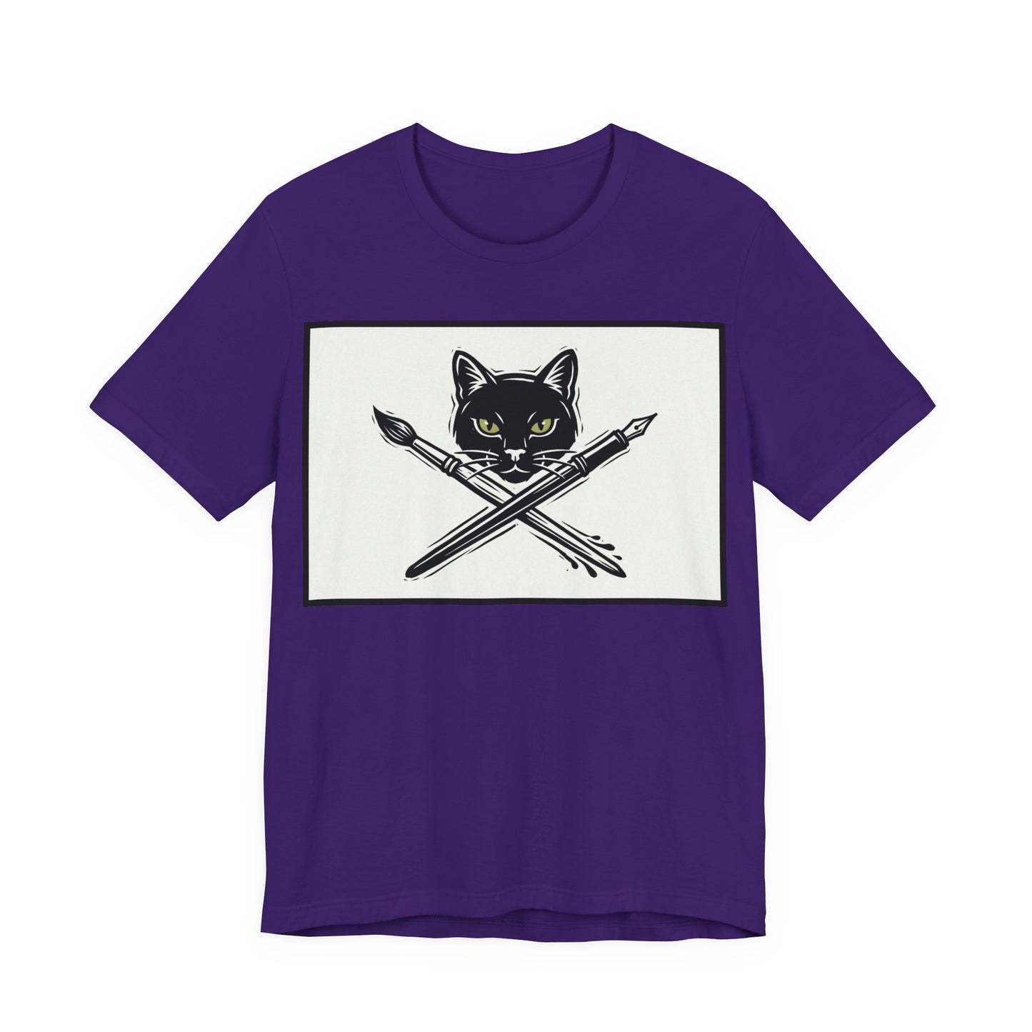 Creative Cat T‑Shirt – Black Cat with Crossed Paintbrush & Pen Graphic