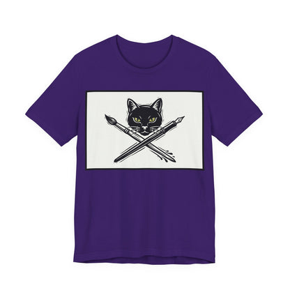 Creative Cat T‑Shirt – Black Cat with Crossed Paintbrush & Pen Graphic