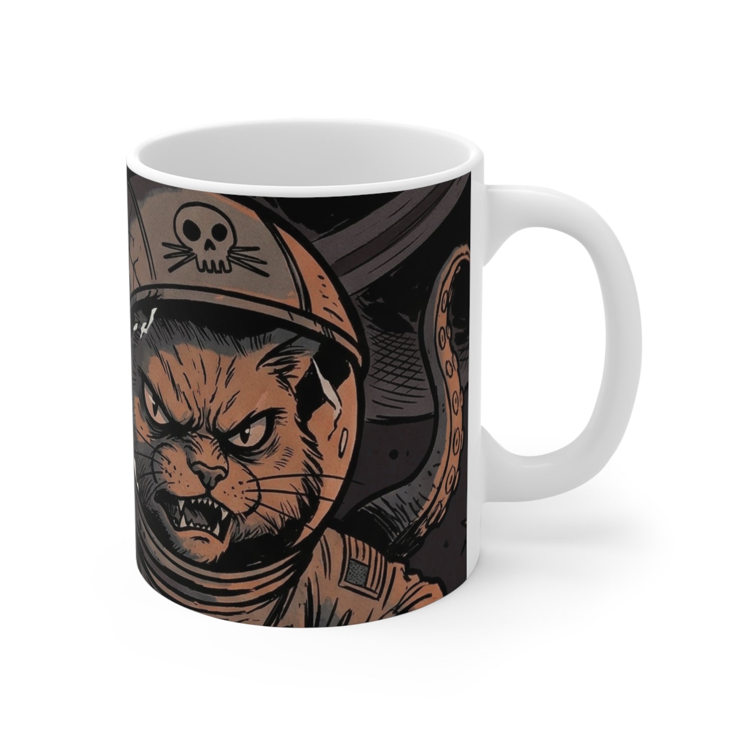 AlienCat Astronaut - Dark - 11oz Mug Right Handle — Space Cat Astronaut with Octopus Tentacles Coffee Cup