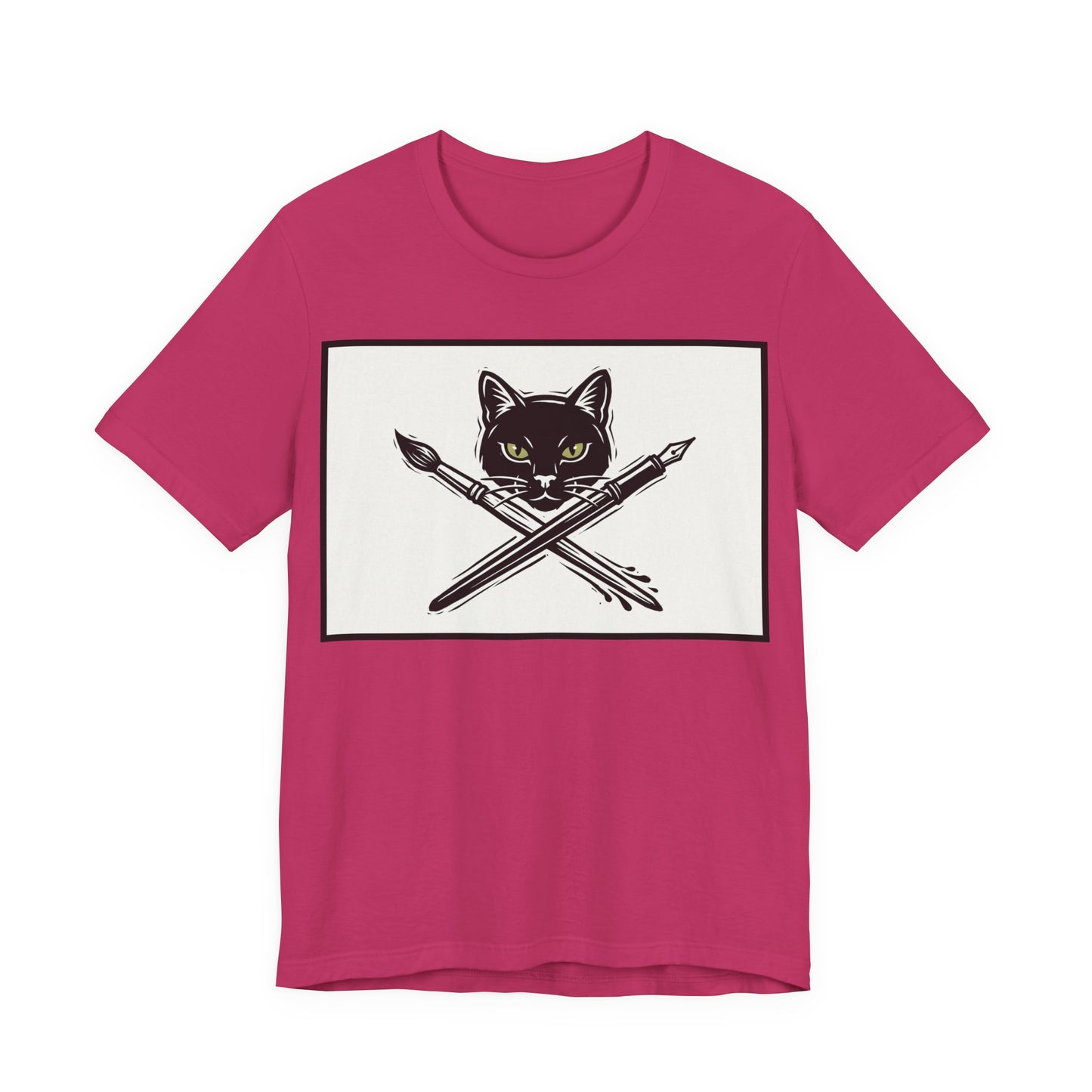 Creative Cat T‑Shirt – Black Cat with Crossed Paintbrush & Pen Graphic