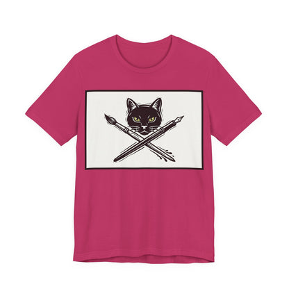 Creative Cat T‑Shirt – Black Cat with Crossed Paintbrush & Pen Graphic