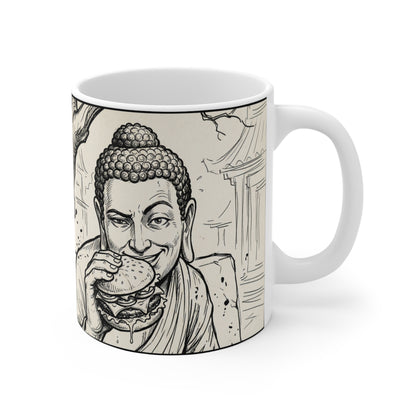 BadBuddha - Cheeseburger - 11oz Mug Right Handle — Religious Humor Buddha Yoga Meditation Vintage Paw Seal Design (Meowhaus Designs, Fort Wayne)