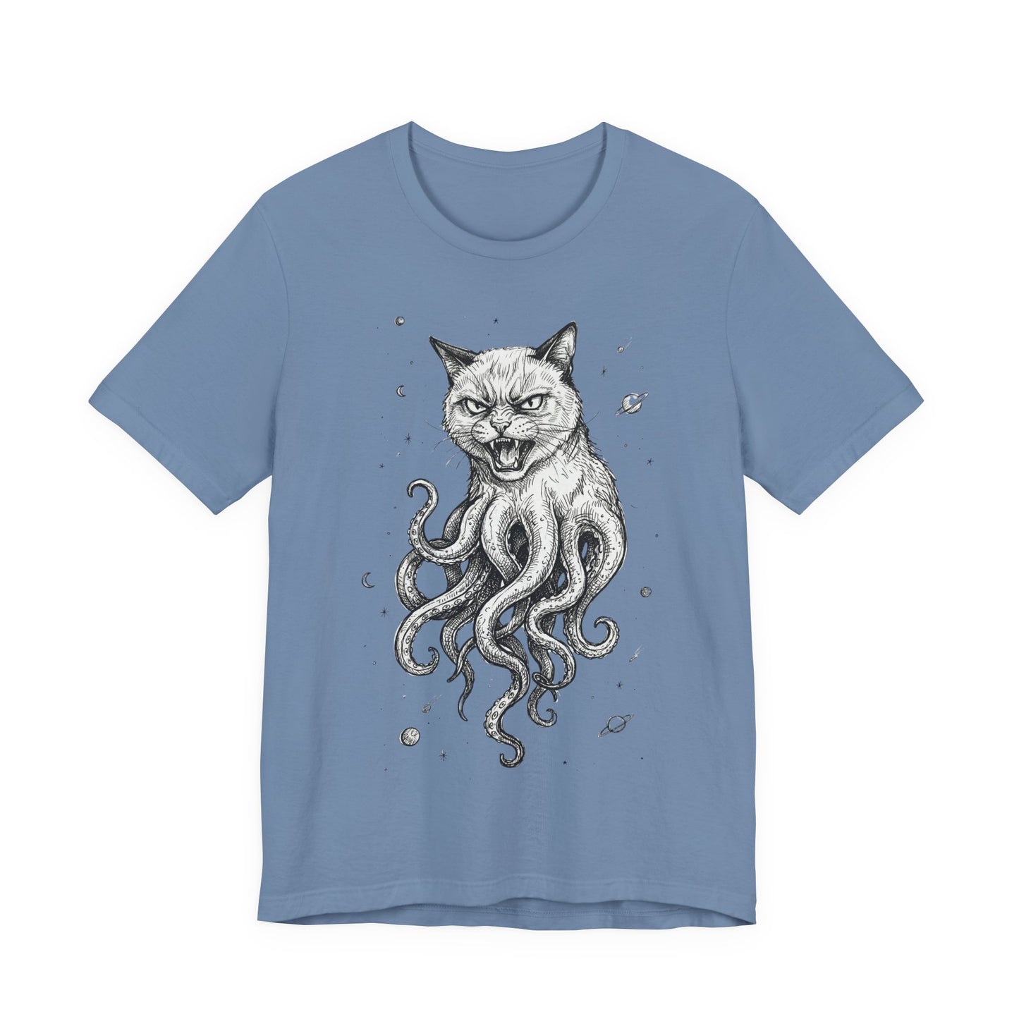 Alien Cat in Space - Cat-Octopus Graphic Tee — Cosmic Kitty Cthulhu Illustration T-Shirt