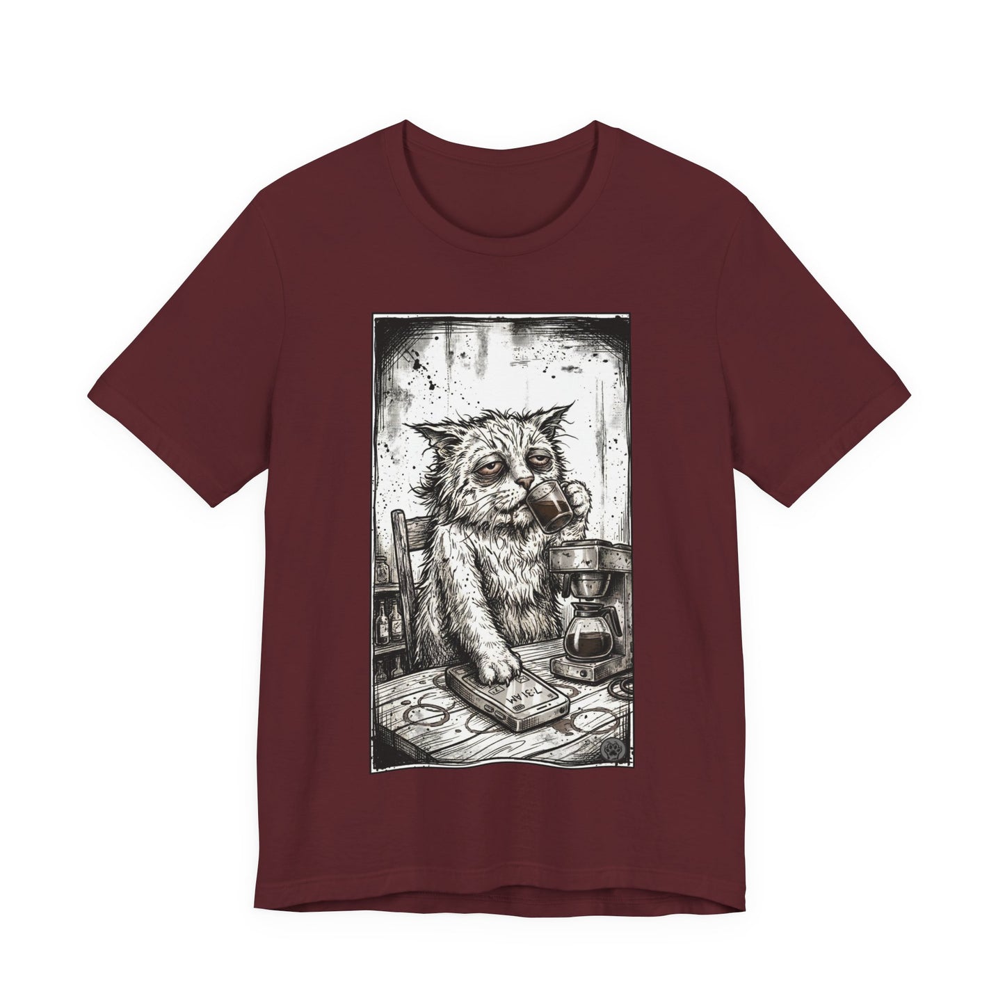 Scraps "GFM" - Cat Drinking Coffee T-Shirt — Tired Depressed Cat Graphic Tee
