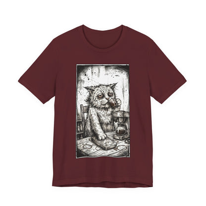 Scraps "GFM" - Cat Drinking Coffee T-Shirt — Tired Depressed Cat Graphic Tee