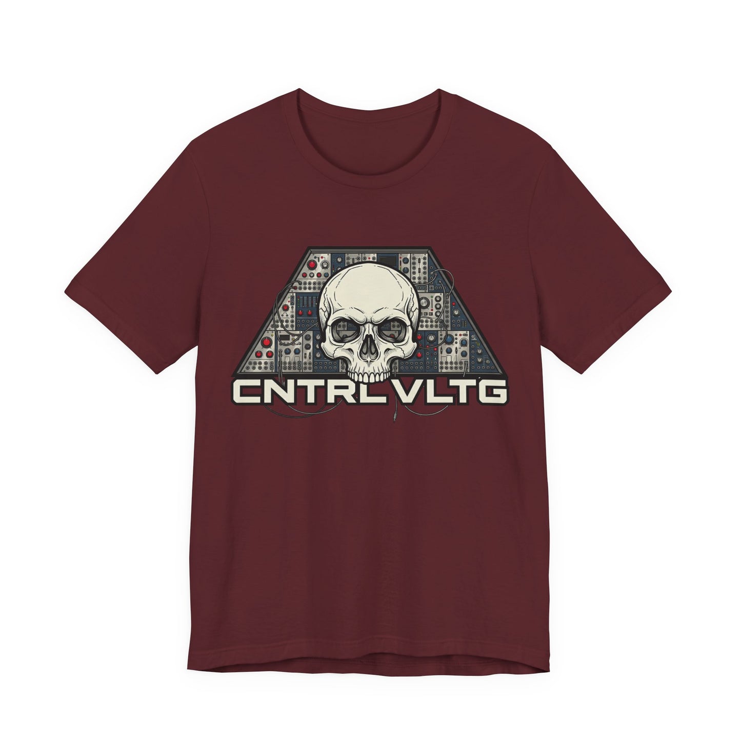 CV Control Voltage - TriBase White - Skull Modular Analog Synth Console Tee — “CNTRL VLTG” Retro Electronic Music T-Shirt