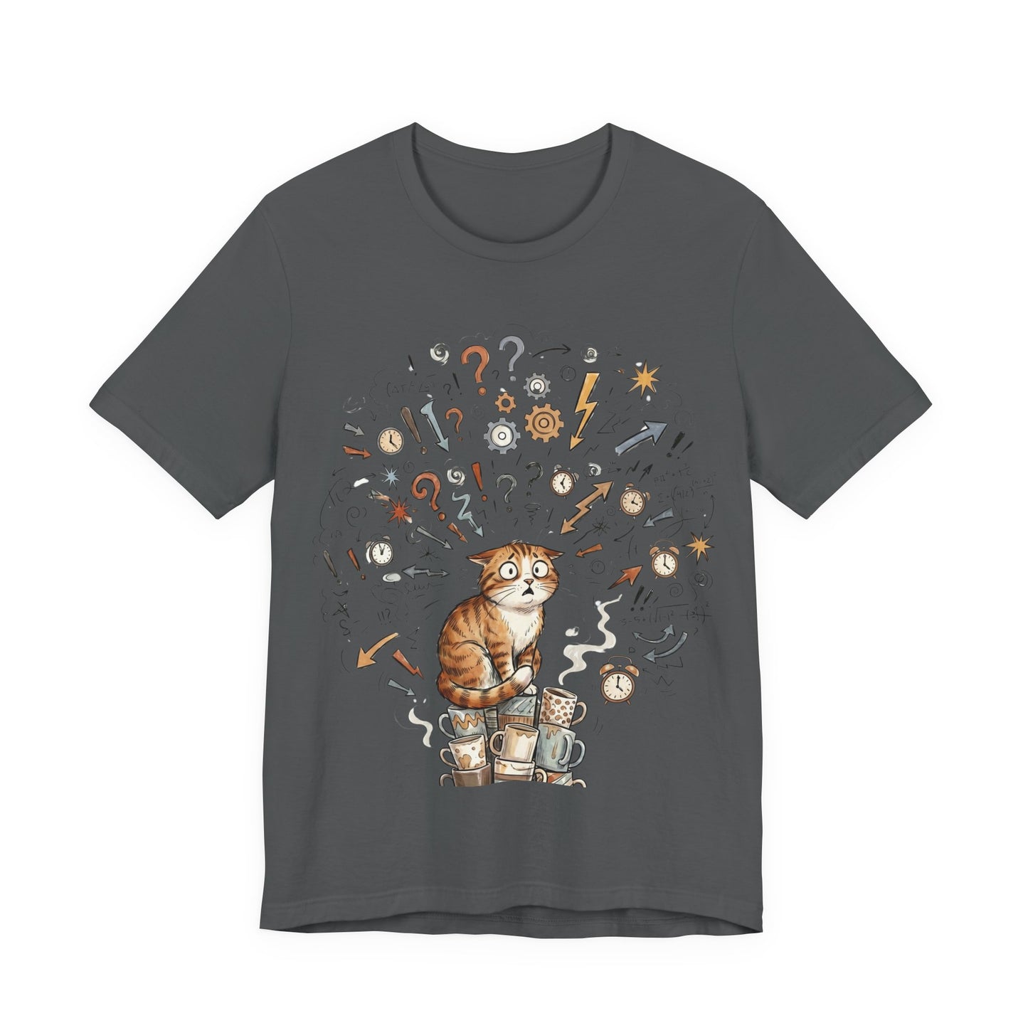 VOID - Overwhelmed! Coffee Cat Tee — Cute Cat with Question Marks Graphic T-Shirt