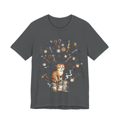VOID - Overwhelmed! Coffee Cat Tee — Cute Cat with Question Marks Graphic T-Shirt