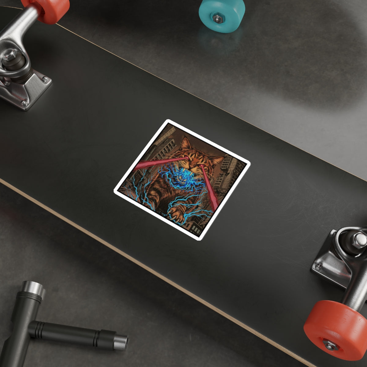 CityCat Attacks! - Dark - Red Lasers - Laser-Eyed Cat Die-Cut Sticker — Retro Kaiju City Illustration