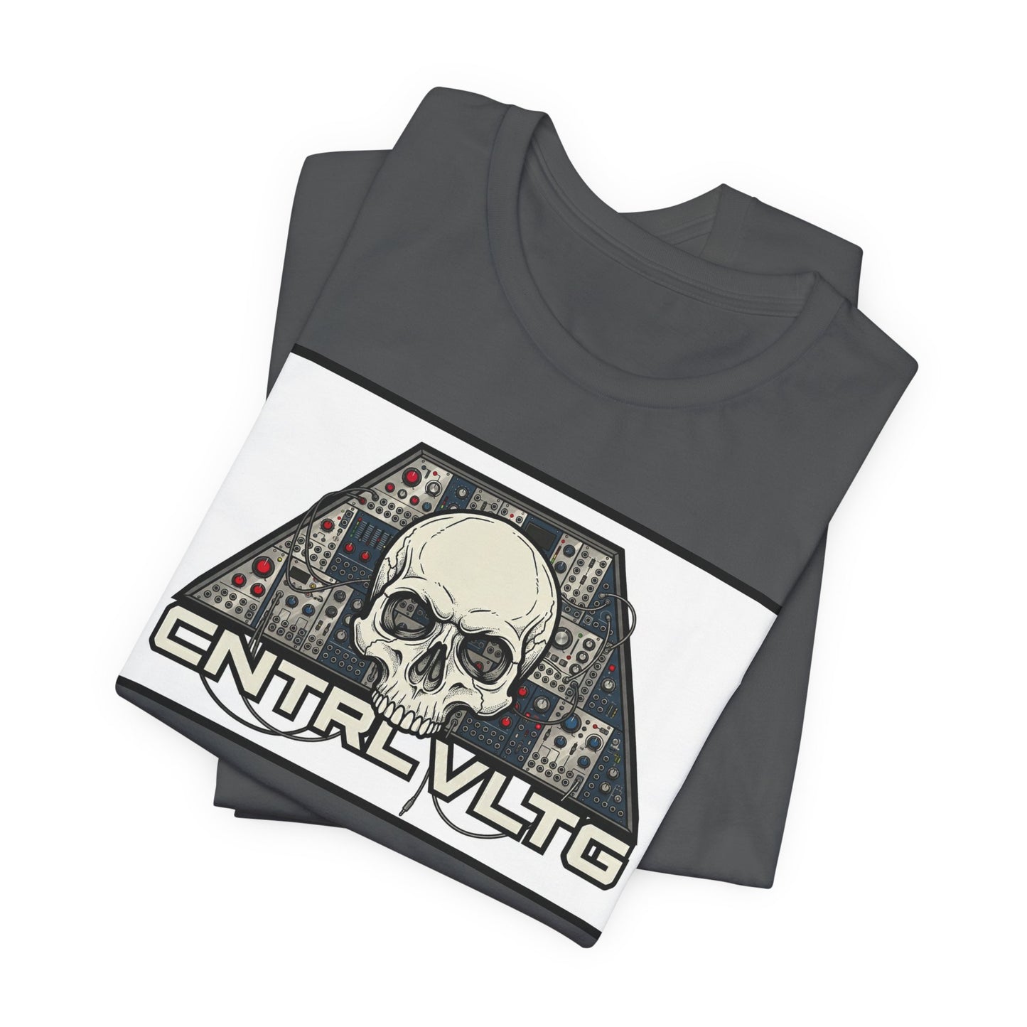 CV Control Voltage = TriBase White - Modular Synth Skull Analog Circuit Tee — “CNTRL VLTG” Retro Tech Graphic T-Shirt