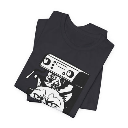 VOID - Annoyed Cat Coffee Tee — Funny Sarcastic Cat Barista Shirt with Coffee & Espresso Machine