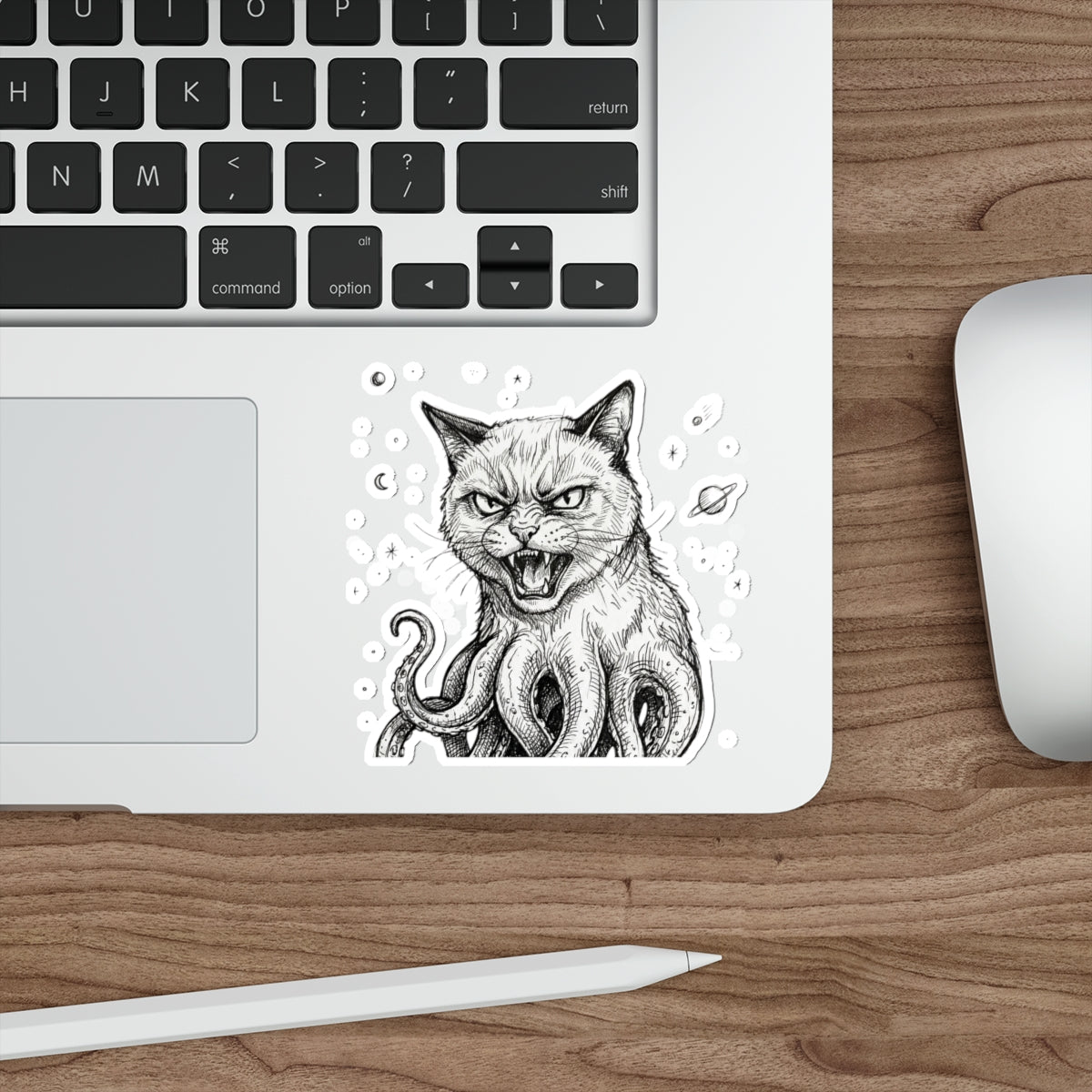 AlienCat In Space! - Mutant Creature Die-Cut Sticker — Black & White Gothic Cat with Octopus Tentacles