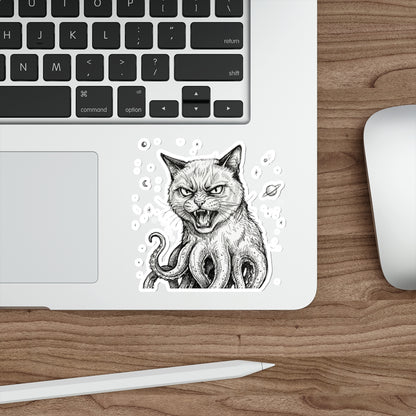 AlienCat In Space! - Mutant Creature Die-Cut Sticker — Black & White Gothic Cat with Octopus Tentacles