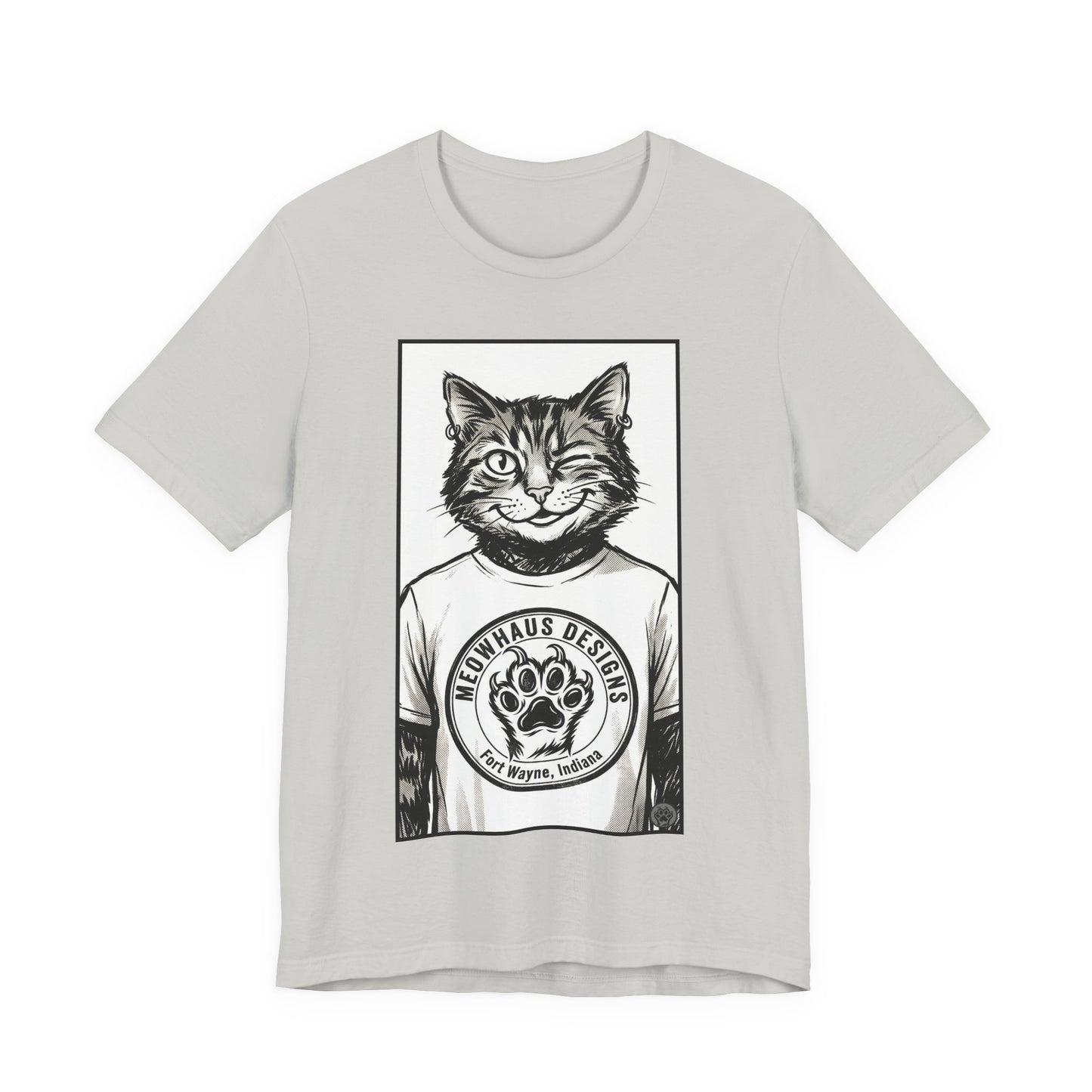WinkyCat - Wearing the MHD Logo T-Shirt - Cat Portrait T‑Shirt — Retro Graphic Cat Wearing Logo Tee
