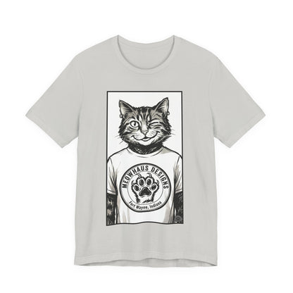 WinkyCat - Wearing the MHD Logo T-Shirt - Cat Portrait T‑Shirt — Retro Graphic Cat Wearing Logo Tee